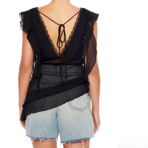 Lace-Trim Plunging Chiffon Top - Picture 3 of 7
